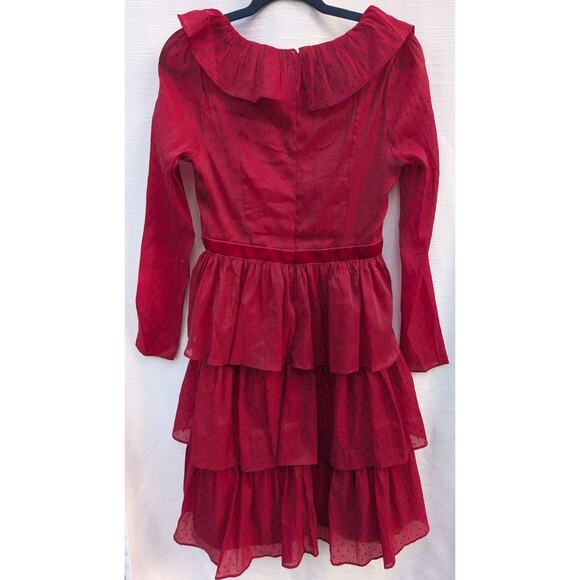Rachel Parcell Womens Ruffle Tiered Midi Dress Sz 6 Bergundy Polka Dot Romantic - Picture 3 of 6